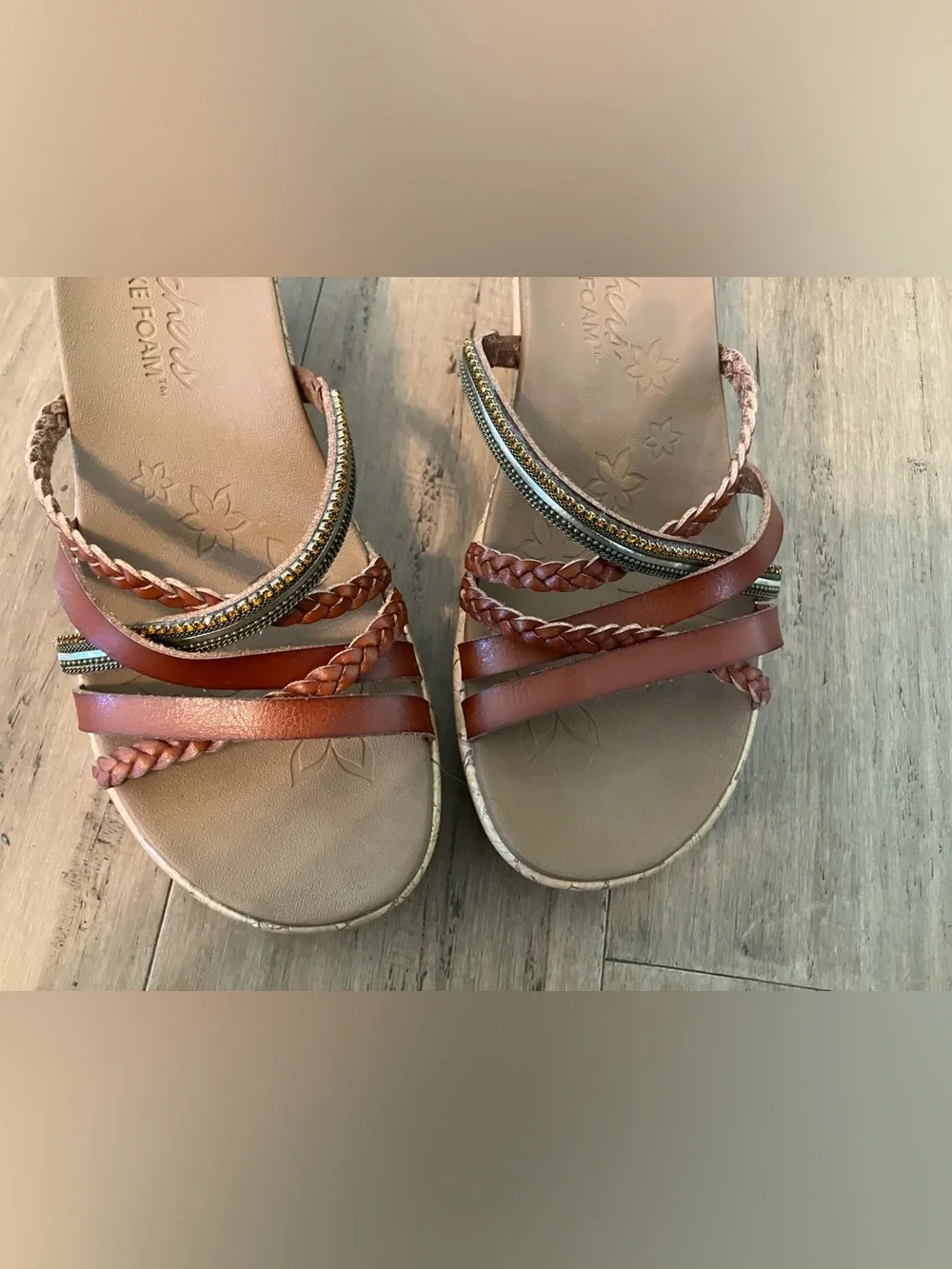 Skechers slide beaded strap detail women’s brown  sandals. Size 7 -9.25”  long